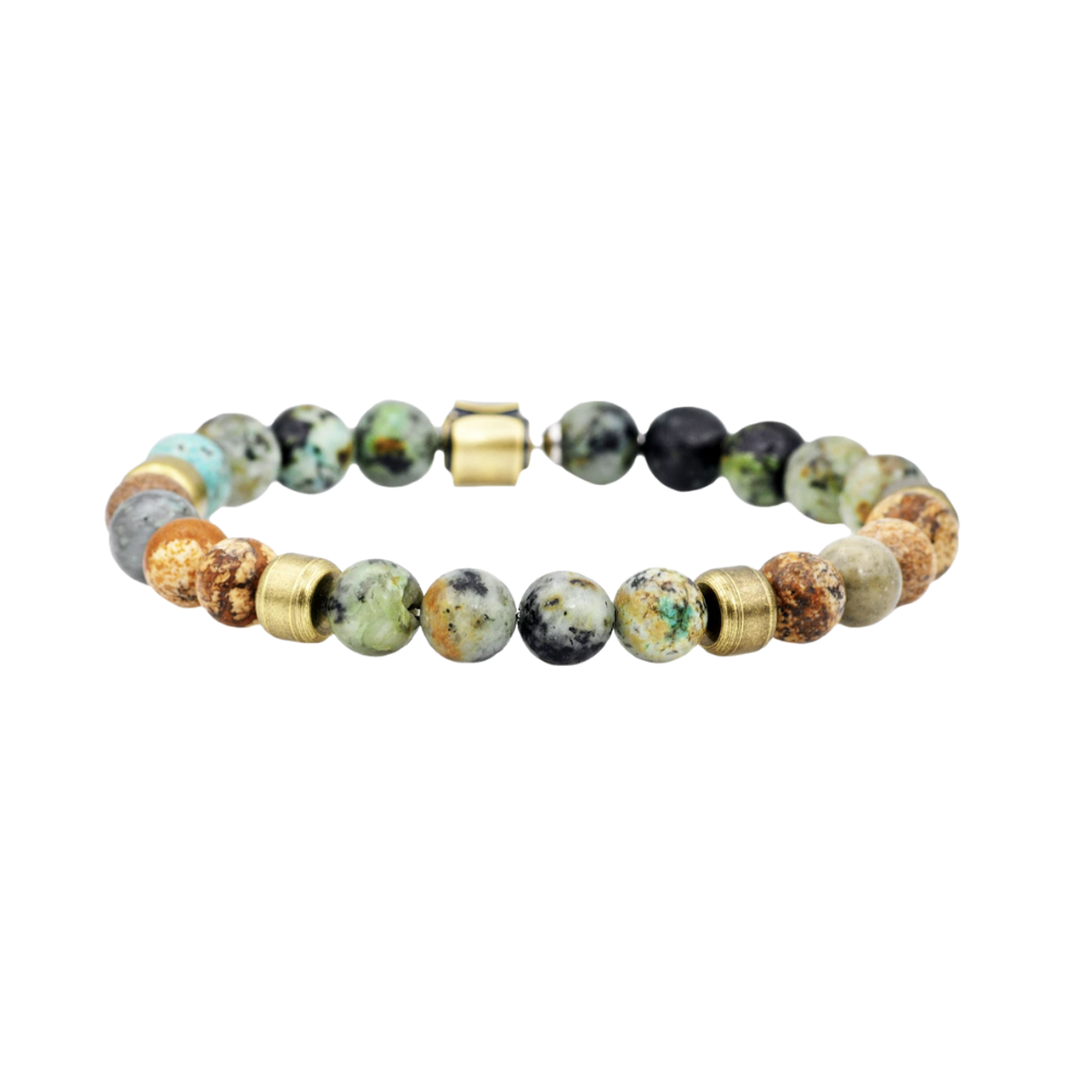 Genuine African Turquoise And Jasper Gold Stainless Steel Beaded Bracelet