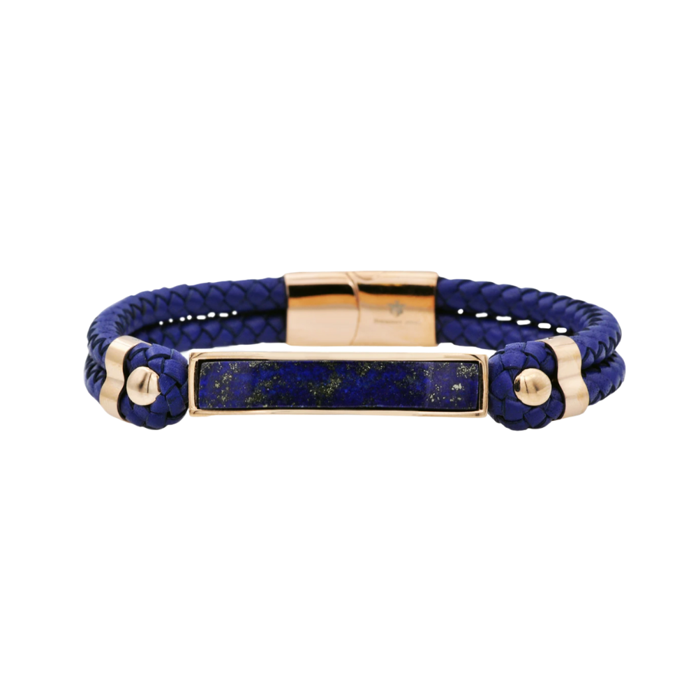 Genuine Lapis Lazuli And Navy Leather Rose Stainless Steel Bracelet